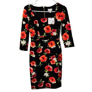 Bisou Bisou by Michele Bohbot bodycon midi dress red poppy floral NWT (size 2)